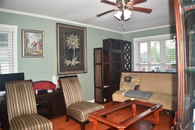 118-37 180th St, Jamaica, NY 11434 - sitting room featuring ceiling fan, wood finished floors, ornamental molding, and baseboards