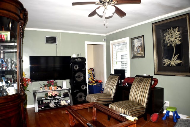 118-37 180th St, Jamaica, NY 11434 - living area featuring a ceiling fan, wood finished floors, crown molding, and baseboards