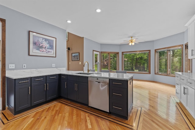 115 Moffat Rd, Washingtonville, NY 10992 - kitchen with dishwasher, a peninsula, a sink, light wood-style floors, and recessed lighting