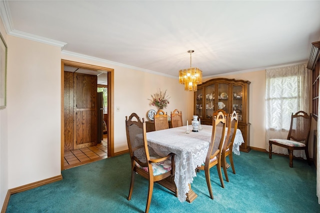 9 Lakeland Ave, Patchogue, NY 11772 - dining area with plenty of natural light, a chandelier, carpet, baseboards, and ornamental molding