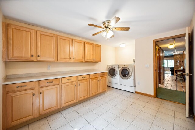 9 Lakeland Ave, Patchogue, NY 11772 - washroom with washer and dryer, cabinet space, ceiling fan, light tile patterned flooring, and baseboards
