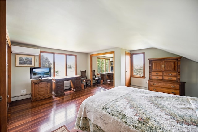 9 Lakeland Ave, Patchogue, NY 11772 - bedroom with a wall mounted air conditioner, a baseboard radiator, dark wood finished floors, a baseboard heating unit, and vaulted ceiling