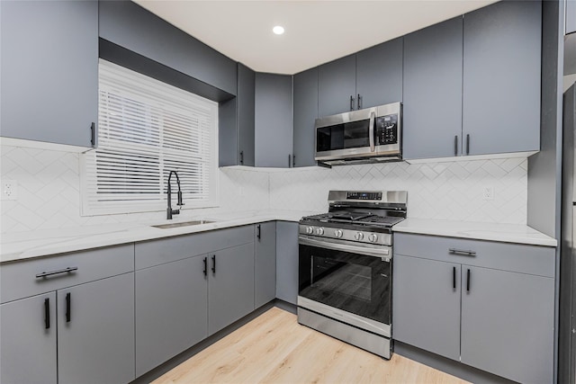 kitchen featuring appliances with stainless steel finishes, a sink, gray cabinetry, tasteful backsplash, and light wood-style floors