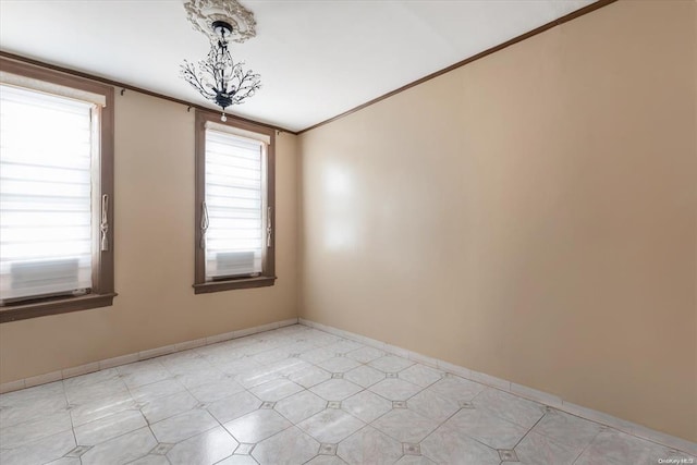 empty room with ornamental molding, baseboards, cooling unit, and light flooring