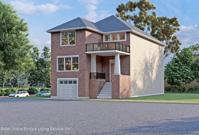 view of front facade with a balcony, brick siding, and a garage