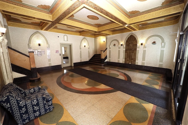 83-55 Lefferts Blvd Unit 1E, Kew Gardens, NY 11415 - community lobby with stairway, coffered ceiling, and beamed ceiling