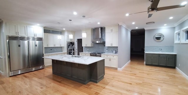 4 Coventry Ct, Wheatley Heights, NY 11798 - kitchen featuring stainless steel appliances, wall chimney range hood, decorative backsplash, a ceiling fan, and white cabinetry