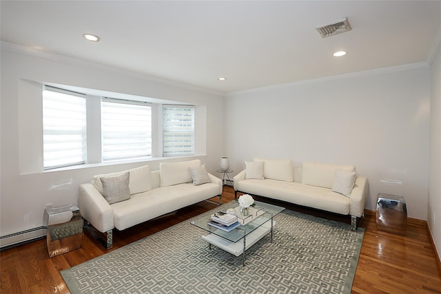 2448 6th Ave, East Meadow, NY 11554 - living room featuring wood finished floors, a baseboard radiator, crown molding, recessed lighting, and baseboards