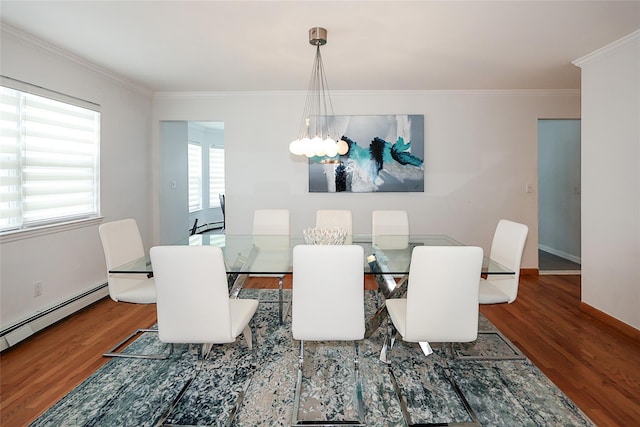2448 6th Ave, East Meadow, NY 11554 - dining room with wood finished floors, ornamental molding, baseboards, a baseboard heating unit, and a chandelier
