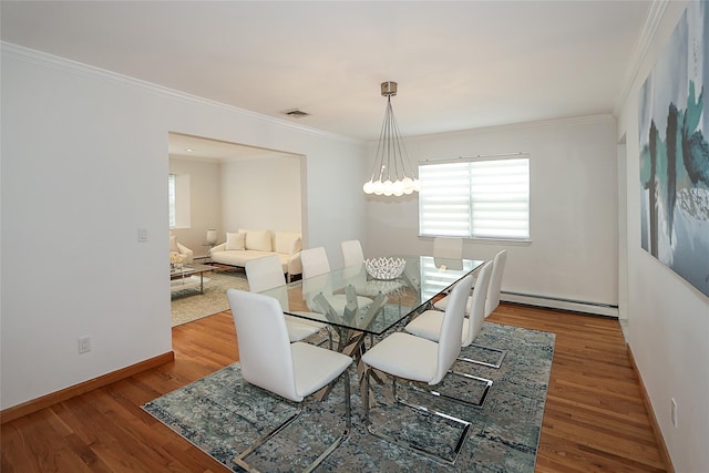 2448 6th Ave, East Meadow, NY 11554 - dining space featuring a baseboard heating unit, wood finished floors, plenty of natural light, a chandelier, and ornamental molding