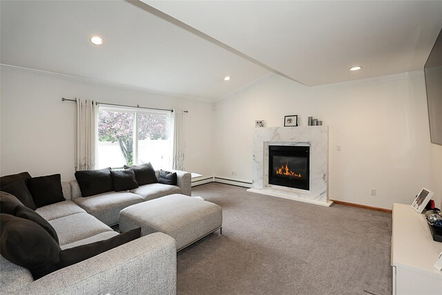 2448 6th Ave, East Meadow, NY 11554 - carpeted living area featuring crown molding, a fireplace, recessed lighting, baseboards, and vaulted ceiling