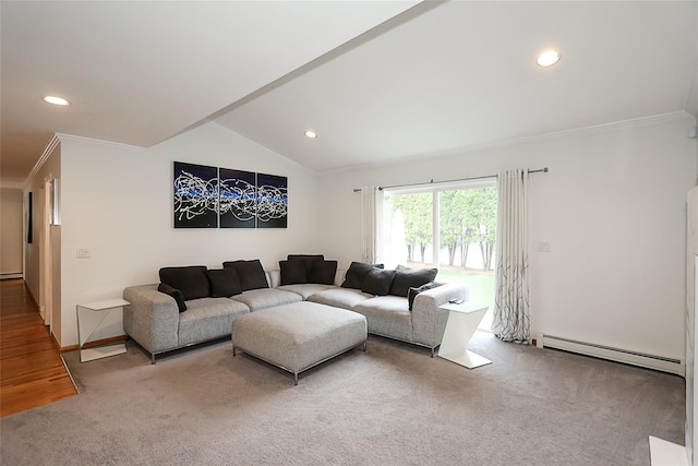2448 6th Ave, East Meadow, NY 11554 - carpeted living room featuring a baseboard radiator, crown molding, recessed lighting, vaulted ceiling, and baseboards