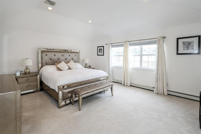 2448 6th Ave, East Meadow, NY 11554 - bedroom with light carpet, a baseboard radiator, vaulted ceiling, and recessed lighting