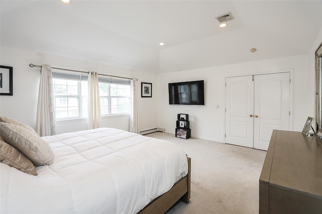 2448 6th Ave, East Meadow, NY 11554 - bedroom featuring light colored carpet, recessed lighting, a baseboard radiator, baseboards, and lofted ceiling