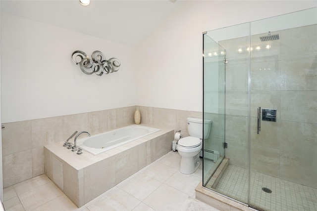 2448 6th Ave, East Meadow, NY 11554 - bathroom featuring tile patterned floors, a stall shower, toilet, a garden tub, and vaulted ceiling