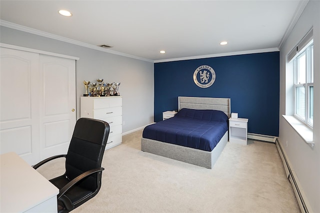 2448 6th Ave, East Meadow, NY 11554 - carpeted bedroom featuring a baseboard radiator, recessed lighting, baseboards, crown molding, and a closet