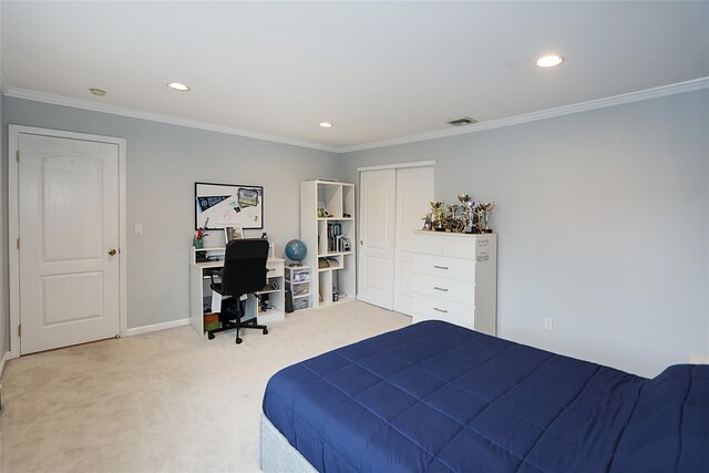 2448 6th Ave, East Meadow, NY 11554 - bedroom with light colored carpet, a desk, recessed lighting, crown molding, and baseboards