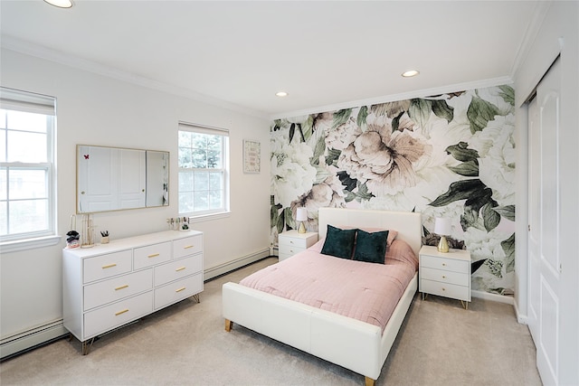 2448 6th Ave, East Meadow, NY 11554 - bedroom featuring crown molding, baseboard heating, a baseboard heating unit, recessed lighting, and light carpet