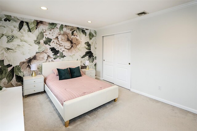 2448 6th Ave, East Meadow, NY 11554 - bedroom featuring crown molding, light carpet, baseboards, recessed lighting, and a closet