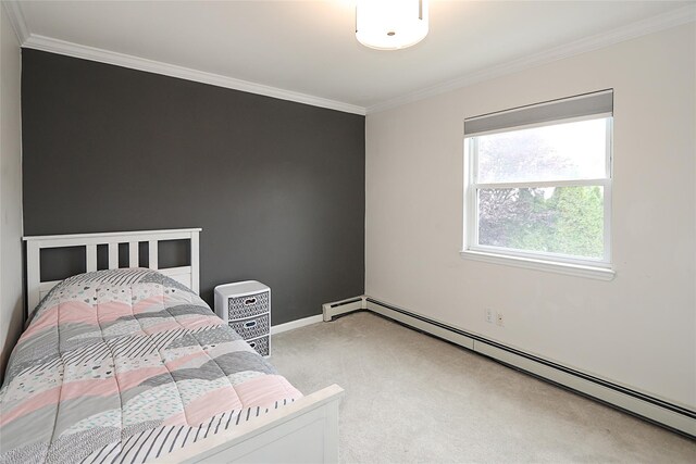 2448 6th Ave, East Meadow, NY 11554 - bedroom with baseboard heating, light colored carpet, ornamental molding, and baseboards