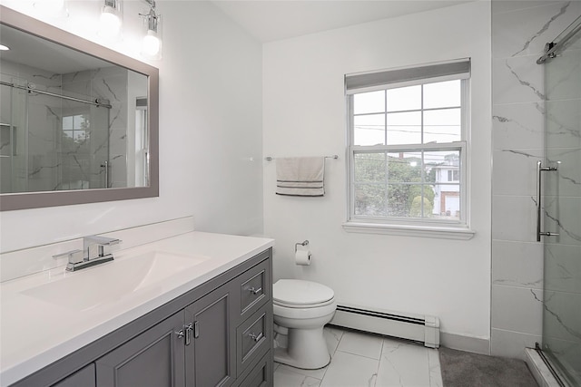 2448 6th Ave, East Meadow, NY 11554 - full bathroom with a baseboard heating unit, a marble finish shower, marble finish floors, vanity, and toilet