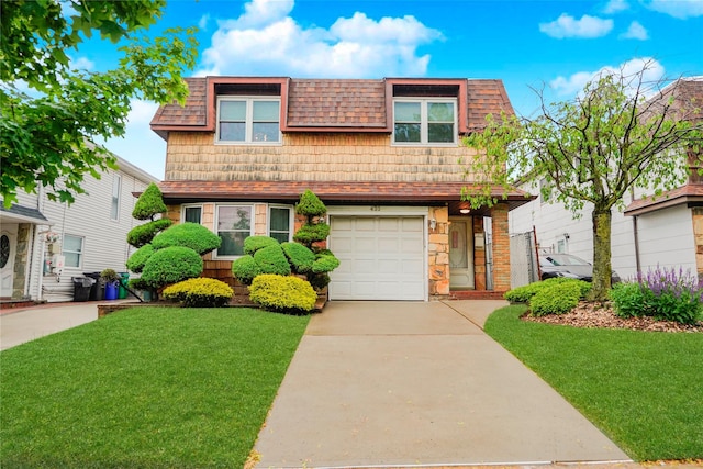 433 Arlene St, Staten Island, NY 10314 - view of front of home with mansard roof, a front lawn, driveway, a garage, and a shingled roof