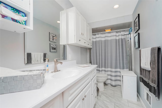 433 Arlene St, Staten Island, NY 10314 - full bathroom with marble look tiles, vanity, toilet, recessed lighting, and a shower with curtain