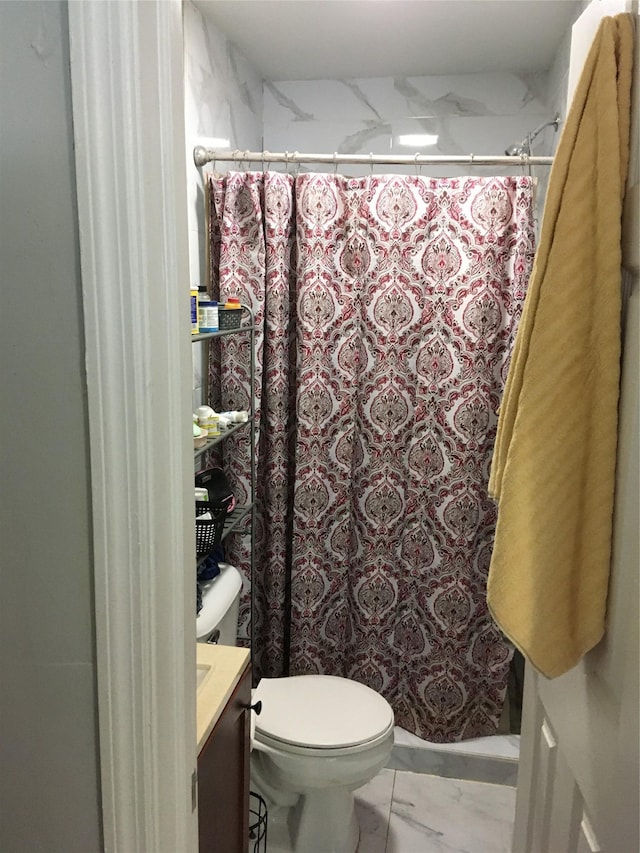 29 Nelshore Dr, Monticello, NY 12701 - bathroom with marble finish flooring, vanity, curtained shower, and toilet