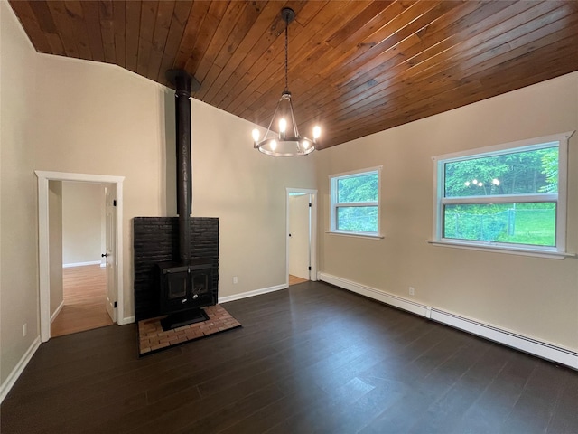 3412 Rte 52, Stormville, NY 12582 - unfurnished living room with baseboard heating, wood ceiling, a wood stove, dark wood-type flooring, and a chandelier
