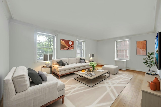 living room featuring radiator, light wood-type flooring, healthy amount of natural light, and baseboards