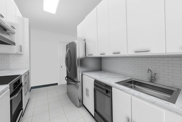 kitchen featuring electric range, a sink, tasteful backsplash, white cabinetry, and light stone counters