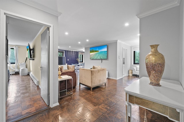 100 E Hartsdale Ave Unit Tfw, Hartsdale, NY 10530 - living room with ornamental molding, a baseboard heating unit, recessed lighting, baseboards, and healthy amount of natural light