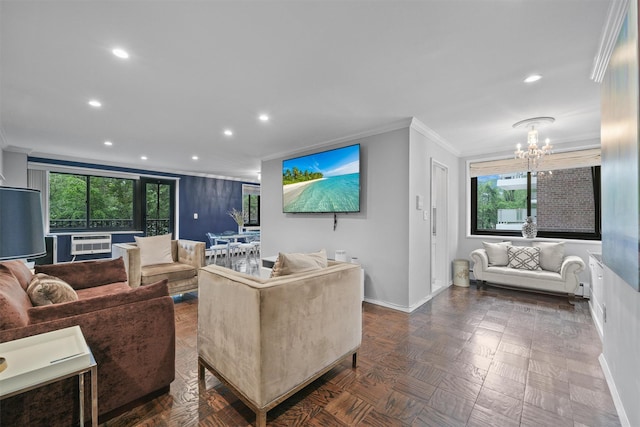 100 E Hartsdale Ave Unit Tfw, Hartsdale, NY 10530 - living area featuring baseboards, crown molding, recessed lighting, a chandelier, and plenty of natural light