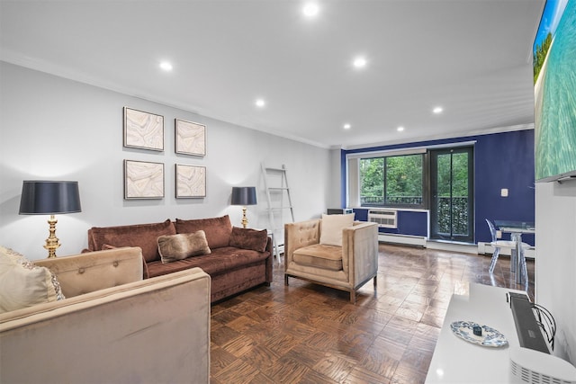 100 E Hartsdale Ave Unit Tfw, Hartsdale, NY 10530 - living room with baseboard heating, crown molding, and recessed lighting
