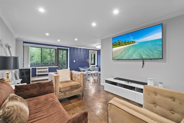 100 E Hartsdale Ave Unit Tfw, Hartsdale, NY 10530 - living area with crown molding, recessed lighting, a baseboard heating unit, and baseboards