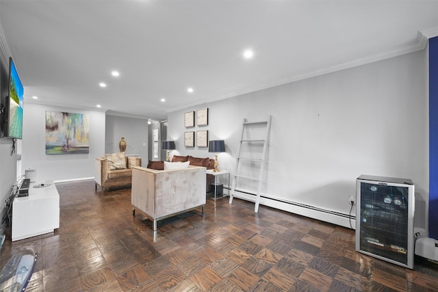 100 E Hartsdale Ave Unit Tfw, Hartsdale, NY 10530 - living room featuring a baseboard radiator, crown molding, recessed lighting, and wine cooler
