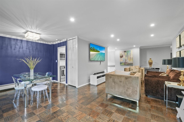 100 E Hartsdale Ave Unit Tfw, Hartsdale, NY 10530 - living room featuring ornamental molding, recessed lighting, baseboards, and baseboard heating