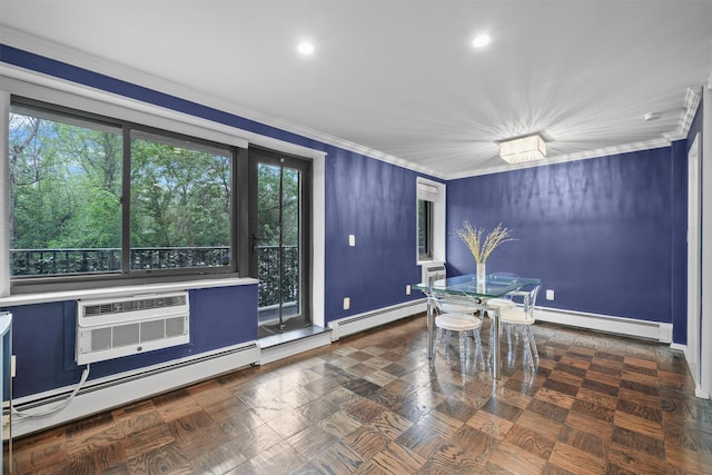 100 E Hartsdale Ave Unit Tfw, Hartsdale, NY 10530 - dining area featuring baseboard heating, a baseboard radiator, ornamental molding, baseboards, and recessed lighting