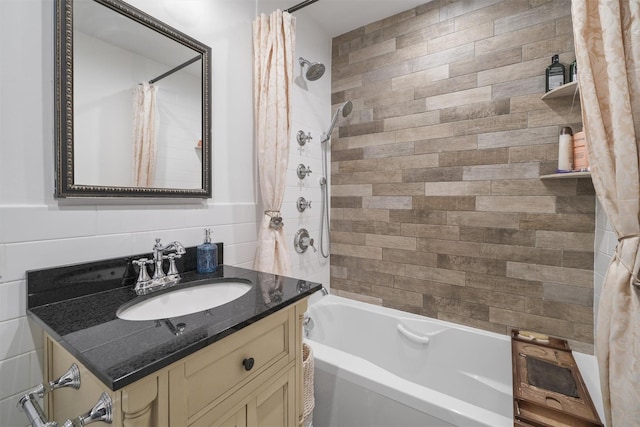 100 E Hartsdale Ave Unit Tfw, Hartsdale, NY 10530 - full bathroom featuring vanity, shower / tub combo with curtain, and tile walls