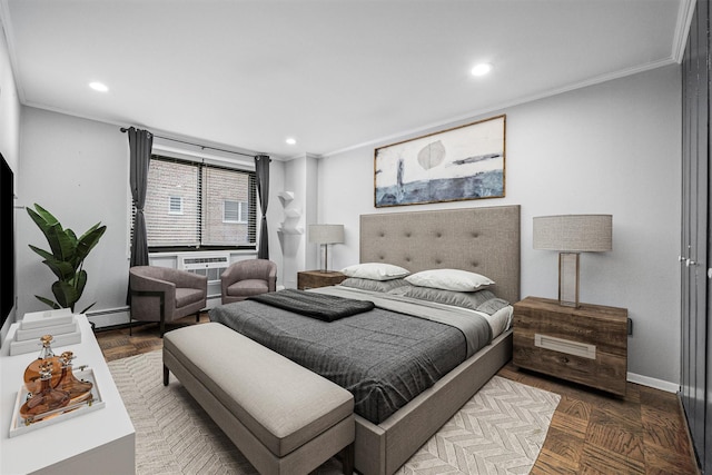 100 E Hartsdale Ave Unit Tfw, Hartsdale, NY 10530 - bedroom with crown molding, a baseboard radiator, recessed lighting, and baseboards