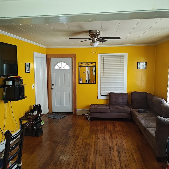 27 Coolidge Ave, Amityville, NY 11701 - living area featuring hardwood / wood-style flooring, a ceiling fan, baseboard heating, and crown molding