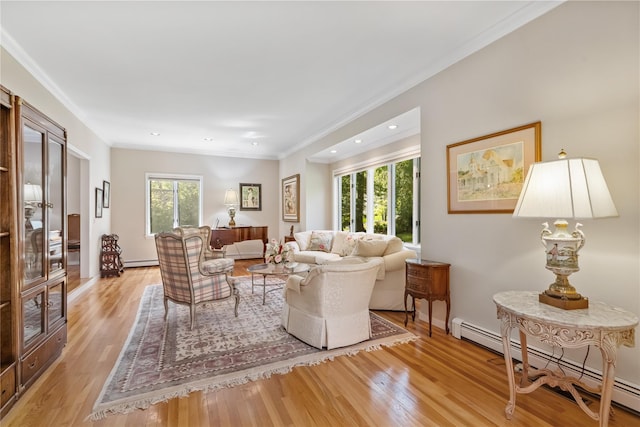 47 Londonderry Ln, Somers, NY 10589 - living area with a baseboard radiator, light wood-type flooring, ornamental molding, a baseboard heating unit, and baseboards