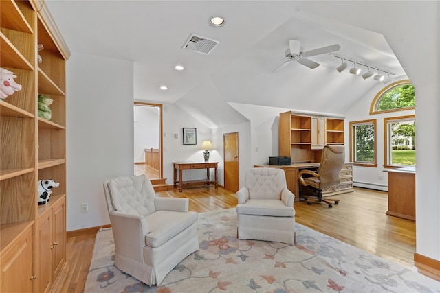 47 Londonderry Ln, Somers, NY 10589 - office space with lofted ceiling, light wood-style floors, a ceiling fan, baseboard heating, and rail lighting