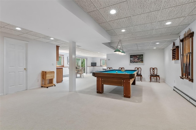 47 Londonderry Ln, Somers, NY 10589 - game room with carpet floors, pool table, a paneled ceiling, baseboard heating, and recessed lighting