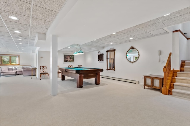 47 Londonderry Ln, Somers, NY 10589 - playroom with carpet flooring, recessed lighting, a paneled ceiling, billiards, and a baseboard heating unit