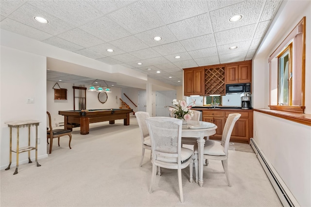 47 Londonderry Ln, Somers, NY 10589 - dining area featuring a baseboard radiator, light colored carpet, bar, billiards, and recessed lighting