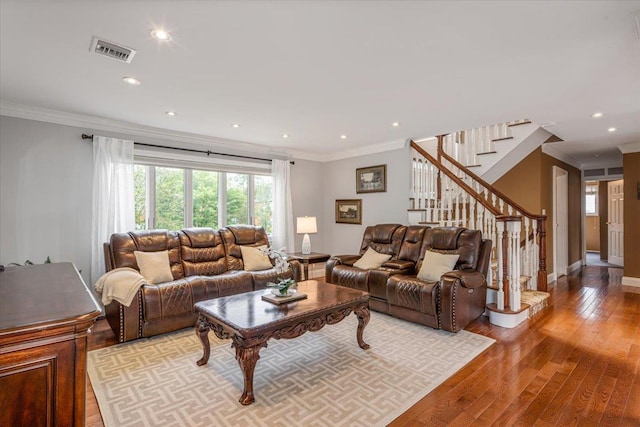 11 Fishermans Dr, Port Washington, NY 11050 - living area featuring hardwood / wood-style flooring, stairway, ornamental molding, and recessed lighting
