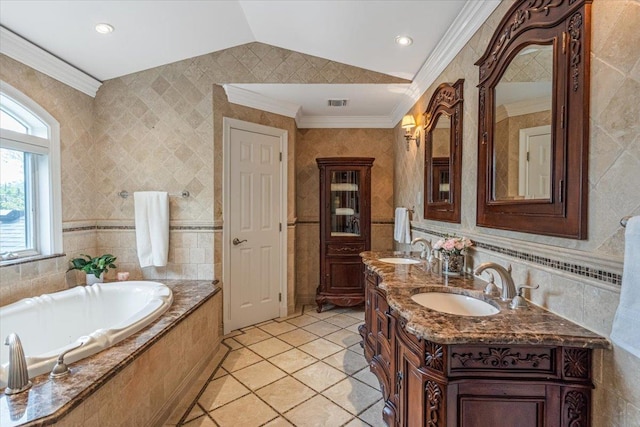 11 Fishermans Dr, Port Washington, NY 11050 - full bathroom with a garden tub, double vanity, tile walls, vaulted ceiling, and ornamental molding