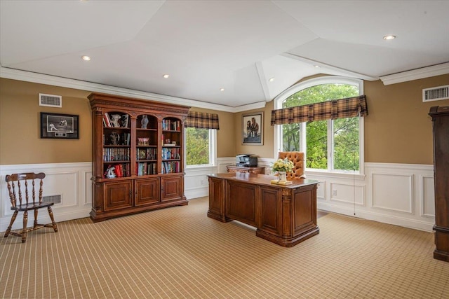 11 Fishermans Dr, Port Washington, NY 11050 - office area featuring light carpet, wainscoting, a decorative wall, lofted ceiling, and ornamental molding