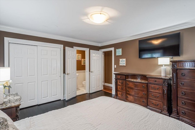 11 Fishermans Dr, Port Washington, NY 11050 - bedroom with crown molding, a closet, dark wood finished floors, and ensuite bath